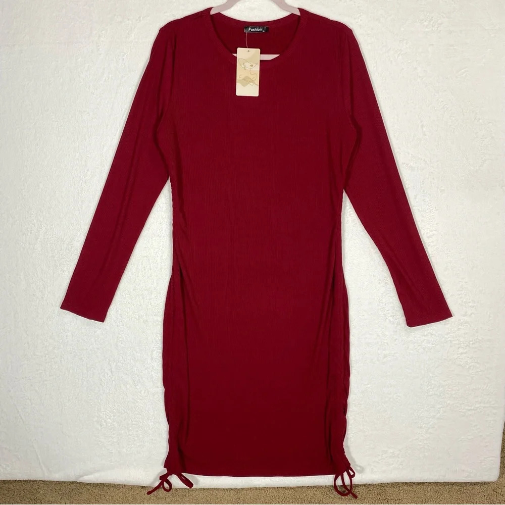Fashion Bodycon Drawstring Side, Long‎ Sleeve Dress XL